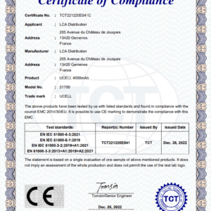 Certificat pour Accu Ucell 21700
