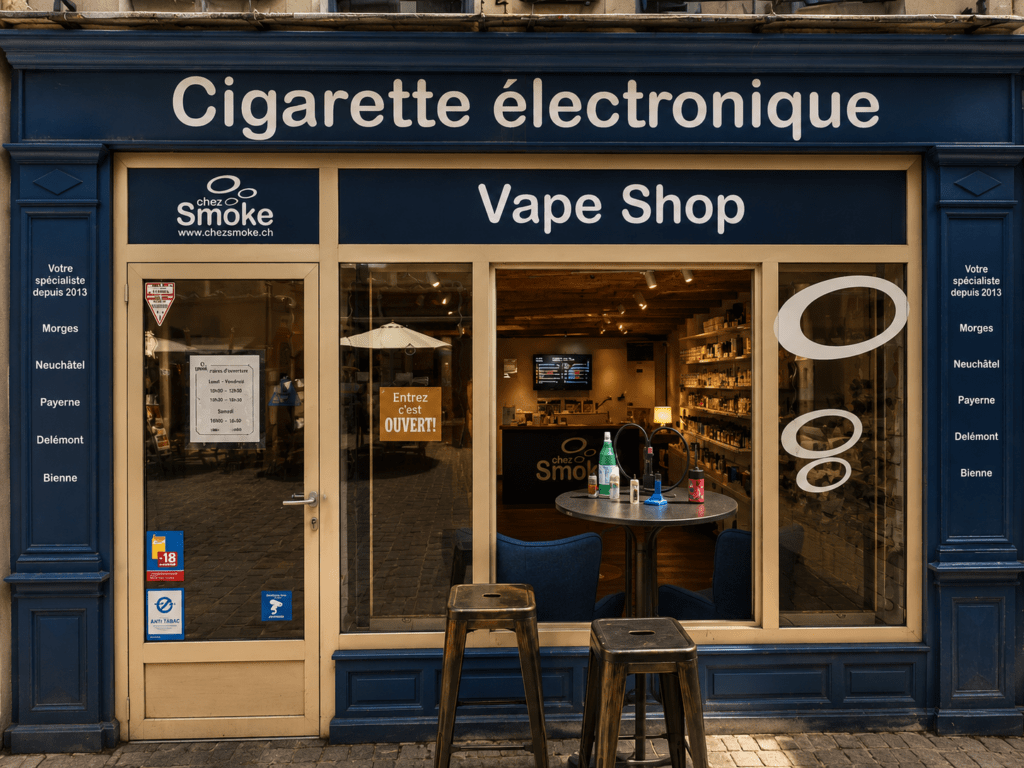 Devanture du magasin de vape Chez Smoke à Morges, avec sa porte vitrée révélant un espace accueillant pour le conseil et la dégustation d'e-liquides.