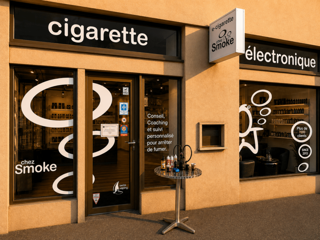 Façade du magasin de vape chez Smoke à Payerne, proposant un espace de dégustation d'e-liquides en extérieur et un suivi personnalisé pour arrêter de fumer.